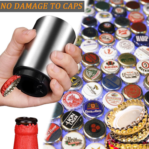 Premium Automatic Beer Bottle Opener, Stainless Steel Portable Push Down and Pop Off Magnetic Cap Catcher for Home Bars