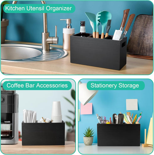 ALELION Large Utensil Holder - 3 Compartment Wooden Caddy Organizer for Kitchen Counter, Black