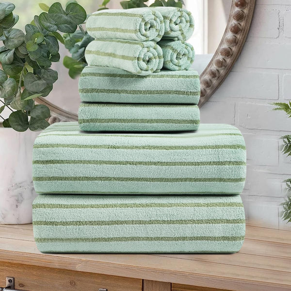 Oliven 8 Pcs Green Cabana Stripe Large Bath Towel Set Oversized Bath