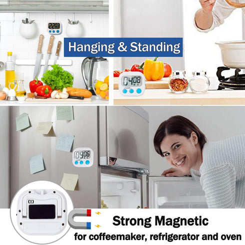 2 Pack Digital Kitchen Timer for Cooking, Big Digits Loud Alarm, Magnetic Backing Stand for Baking, White