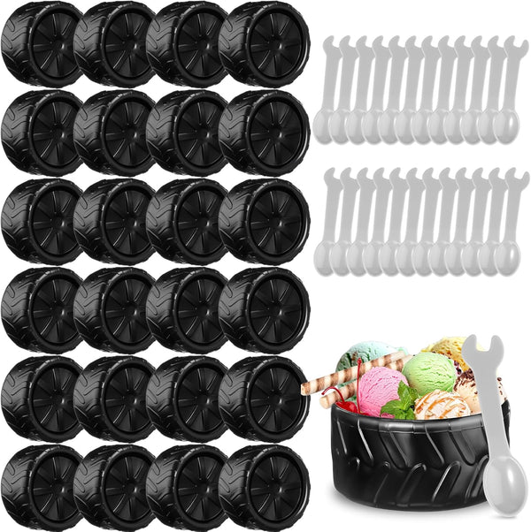 Uiifan 24 Sets Truck Wheel Ice Cream Bowls Spoon Set, Plastic Race