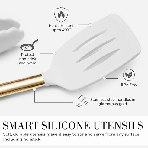 Set 7-Piece White Silicone and Gold Cooking Utensils with Gold Utensil Holder - Silicone Cooking Tools - Ideal