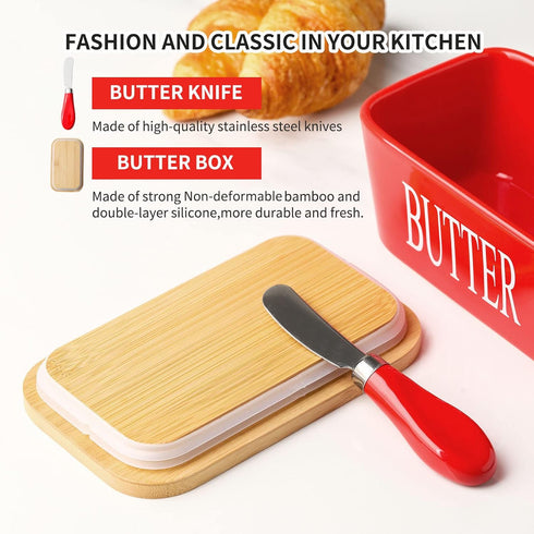 Hasense Large Butter Dish with Lid and Knife, Airtight Butter Keeper Container for Countertop, Red