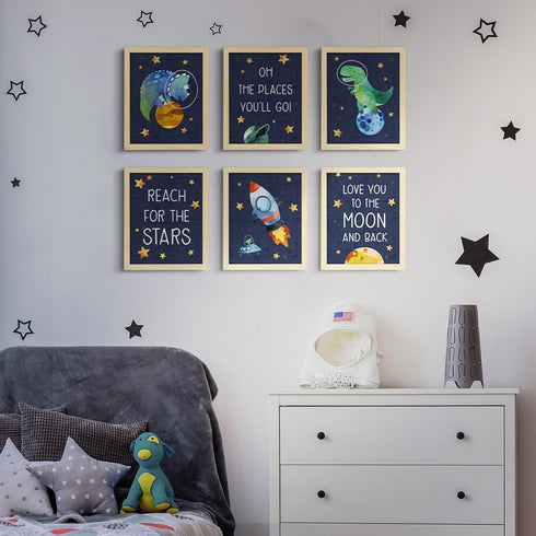 6 Pack 8x10 Inch ArtbyHannah Framed Dinosaur Wall Art, Nursery Wall Decor for Kids Boys Room, Dinosaur and Space