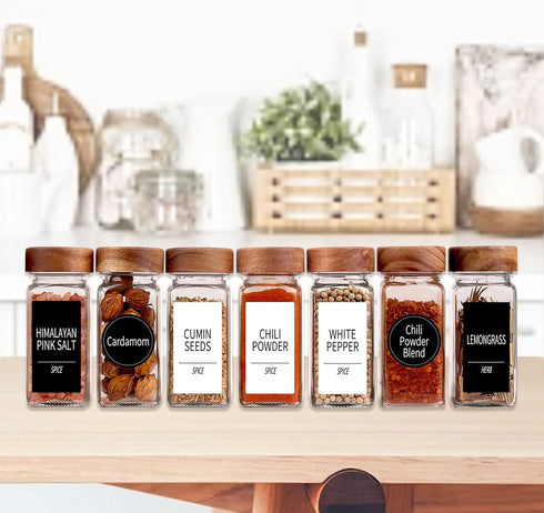 24 547 4 Oz Churboro Spice Jars with Labels - Glass Spice Jars with Shaker Lids - Square Spice Containers with Acacia