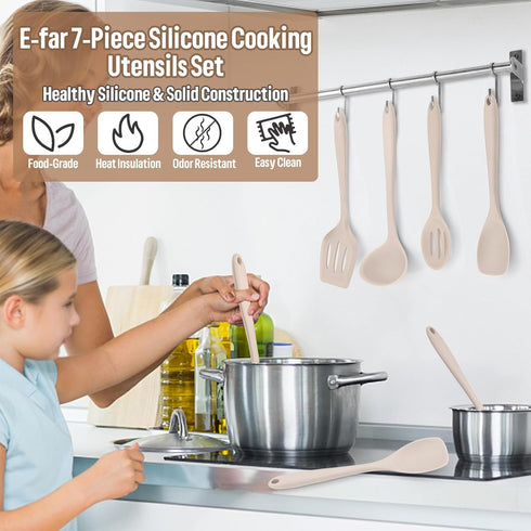 E-far 7-Piece Silicone Cooking Utensils Set, Khaki Heat Resistant Nonstick Tools for Kitchen, Dishwasher Safe