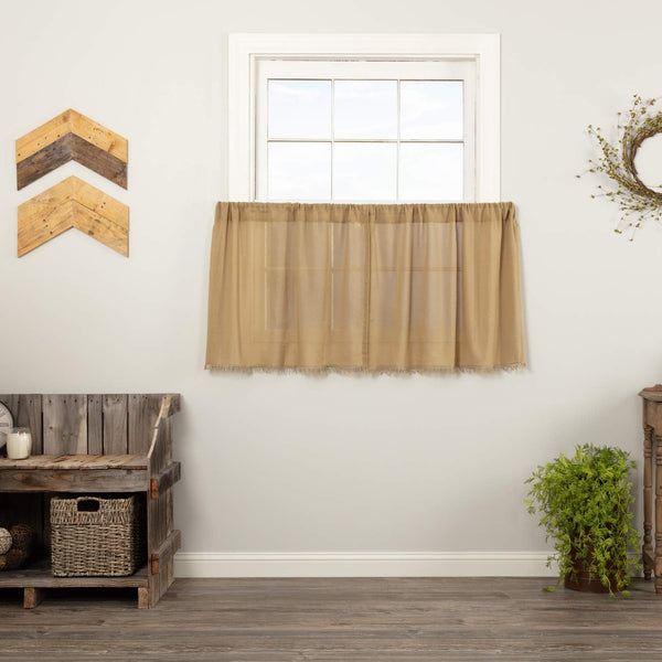 VHC Brands Primitive Farmhouse Kitchen Window Curtains - Tobacco Cloth Fringed Tier Pair, Set 24x36, Khaki Tan