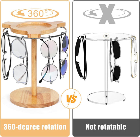 Sunglasses Organizer with 360 Rotating Display, Eyeglasses Rack, Wood Base for 12 Pairs of Eyewear for Desk Dresser