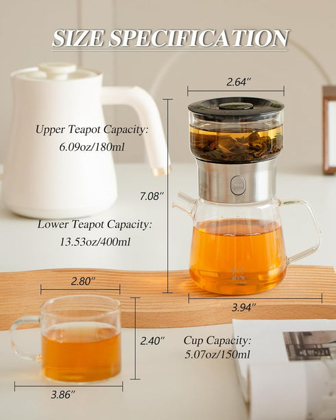 Set, 2 Gifts-400ml ZENS Modern Glass Tea Infuser Teapot Smart One Touch Tea Maker for Loose Tea Diffusers with Gongfu