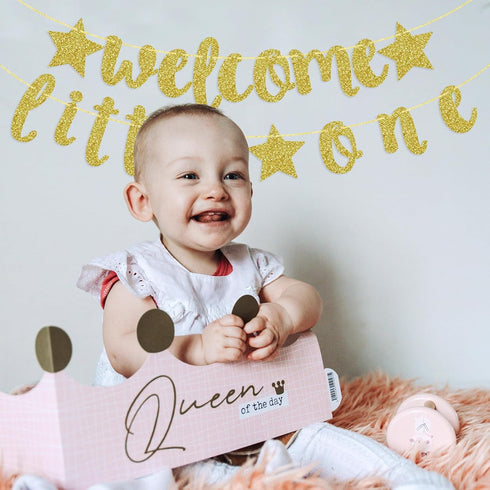Welcome Little One Glitter Banner, Pre-strung Baby Shower Decor for Gender Reveal Party (Gold)
