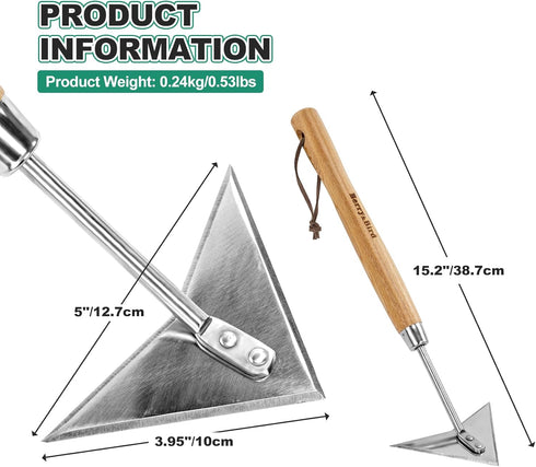 15.2'' Berry&Bird Triangle Hand Hoe, Winged Weeder Garden Hoes with Short Wood Handle, Gardener Stainless Steel Warren