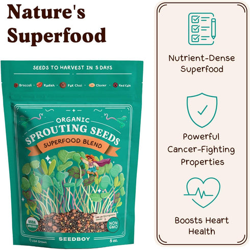 8 oz 8 32 Seedboy Organic Non-GMO Sprouting Seeds, Superfood Blend - USA Grown Microgreens Mix with Broccoli, Radish
