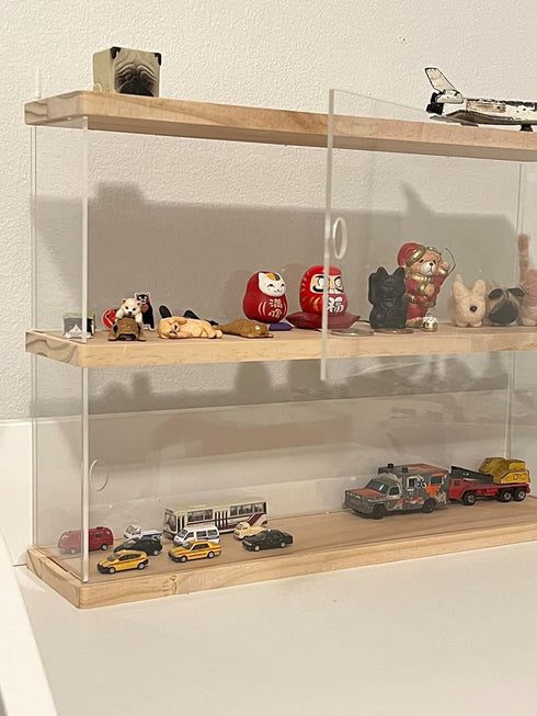 ELEpure 2 15.55" 3.78" 10.8" Clear Acrylic Display Shelf Case for Mini Funko Pop, Wooden Display Stand for POP MART