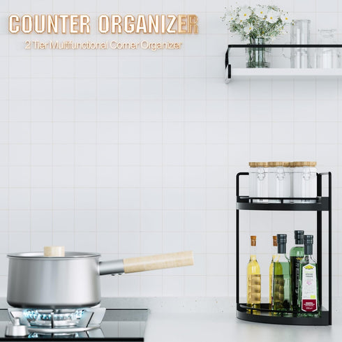 Counter 2 (Black-2 Corner Bathroom Organizer, Tier Wood Vanity Storage, Waterproof Skincare Shelf for Kitchen