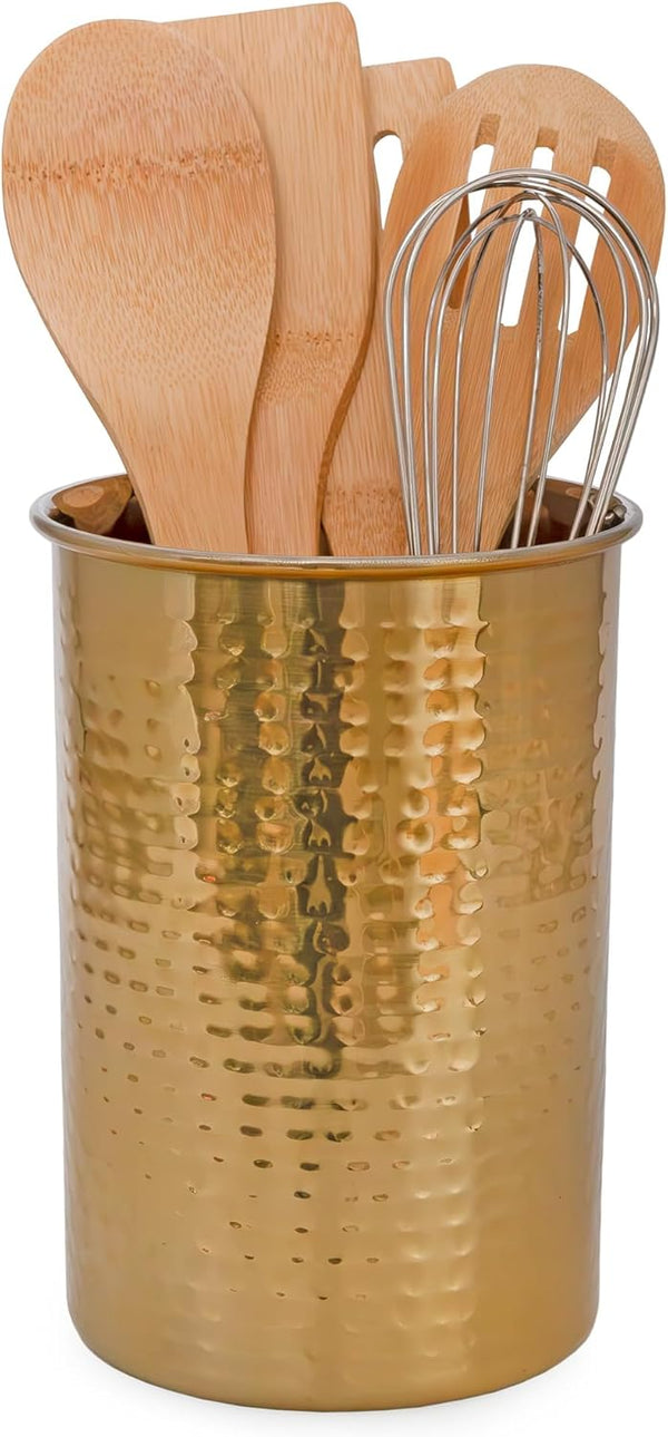 Darware Hammered Gold Kitchen Utensil Holder, 7-Inch Tool Caddy for Wooden Spoons, Spatulas, & More