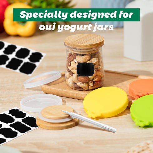 Blushtier 45 Pack Set 9 24 12 Yogurt Jar Lids Silicone, Plastic & Bamboo Lids with Labels & White Pen Reusable