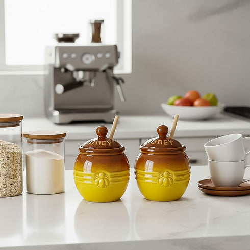2 Pack 12 Oz Hiceeden Ceramic Honey Pot with Dipper and Lid, Yellow Honey Jar Bee Embossed Honey Storage Container