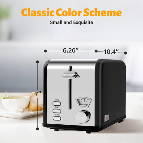 HealSmart 2 Slice Stainless Steel Toaster with Extra Wide Slot, 5 Shade Options, Bagel/Defrost/Cancel Functions, Black