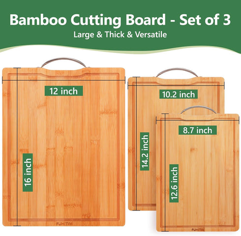 Bamboo Cutting Board, Wooden Cutting Boards for Kitchen with Double Sided Deep Juice Grooves & Wide Handle, Ideal