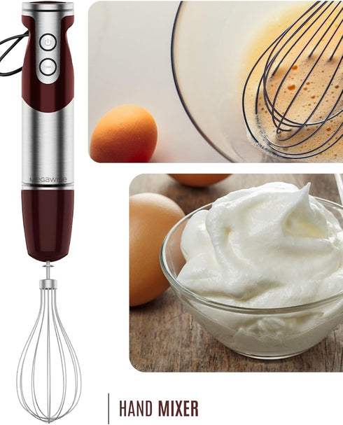 MegaWise Pro Titanium Reinforced 3-in-1 Immersion Corded Hand Blender, 12-Speed with Whisk and Milk Frother (3-in-1 Red)