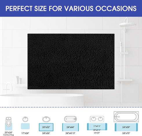 Striped Black Bathroom Rug Mat 20"x59", Ultra Soft Non Slip Chenille Bath Rugs for Bathroom, Bedroom, Kitchen