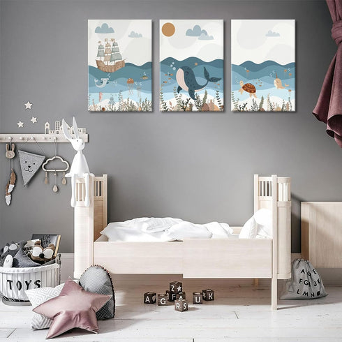 3Pcs 12x16 Inch SUAXTCCR Nautical Nursery Canvas Wall Art Blue Beach Animal Wall Decor Pictures Ocean Kids Room Sea