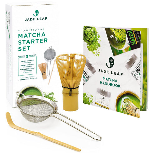 Jade Leaf Matcha Traditional Starter Set - Bamboo Whisk, Scoop, Stainless Steel Sifter, Japanese Tea Set