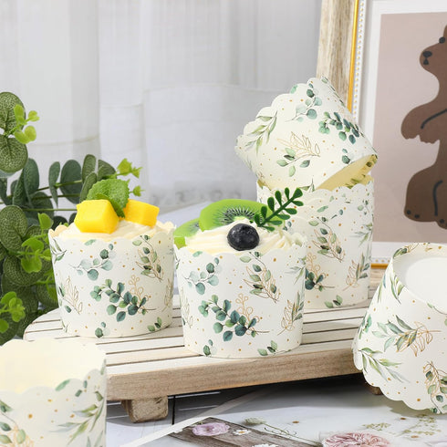 100Pcs Eucalyptus Leaf Paper Baking Cups, Green Gold Foil Leaves Cupcake Wrappers for Parties