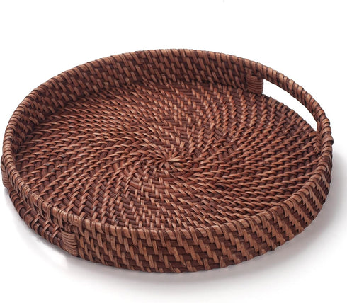 11 inch Round Rattan Tray with Cut-Out Handles, Woven Serving Tray for Dining/Coffee Table