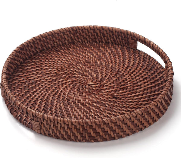 11 inch Round Rattan Tray with Cut-Out Handles, Woven Serving Tray for Dining/Coffee Table