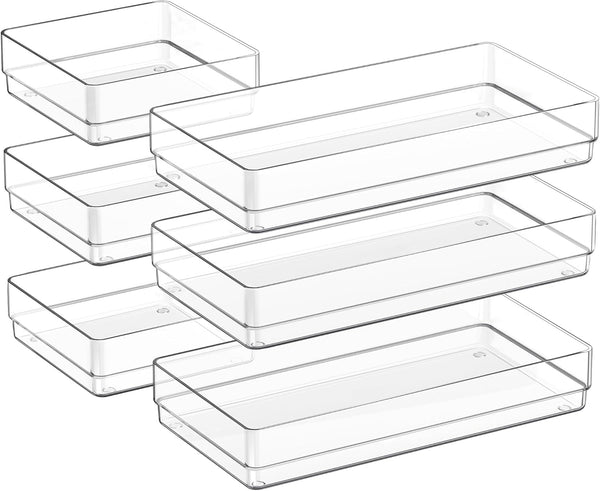 SMARTAKE 6 PCS Clear Plastic Drawer Organizers Set, Large Non-Slip Organizer Trays for Makeup, Office, Kitchen