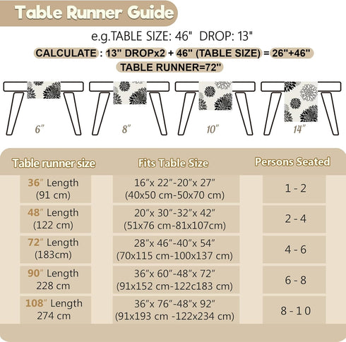 13 36 Inch Black Gray Table Runner Dahlia Pinnata Flower Beige Table Runners Modern Elegant Pompon Farmhouse Geometric
