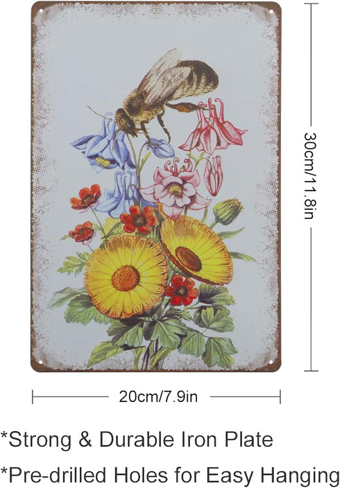 Retro Metal Tin Sign, Bee Sunflower Summer Wall Decor, Farmhouse Decor for Home Cafes Office Store 8 x 12 in
