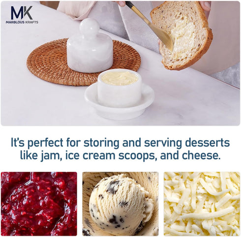 4 Inch Marble Mini Butter Dish with Lid White French Butter Crock Soft Butter Spreader, Butter Keeper for Kitchen Dcor