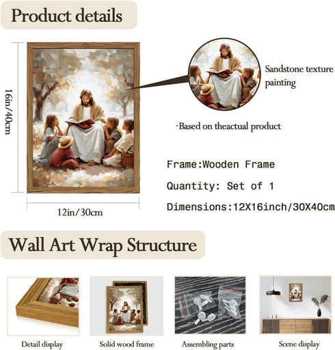Hwetui 3D 12x16 inch Framed Jesus With Children Wall Art, Textured Christian Jesus Teaching Kids Wall Decor Paintings