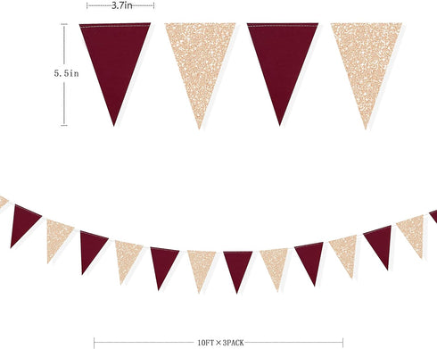 Burgundy Party Decorations - Maroon Champagne Gold Triangle Banner Flag Bunting for Birthday, Engagement, Wedding, Baby