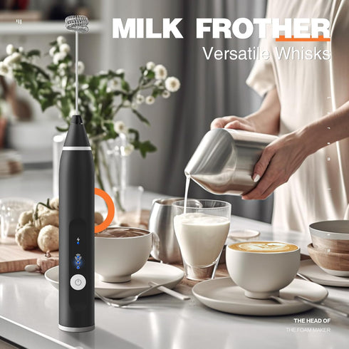 Milk Frother Handheld Electric Whisk, Rechargeable Mixer with 2 Stainless Whisks, 3 Speed Foam Maker (Black)