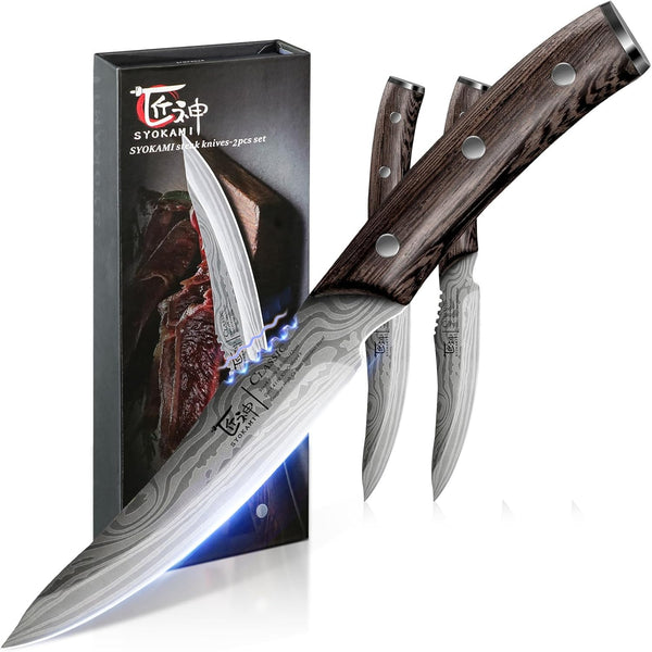 Steak Knives Set of 2, 4.8 Inch High-Carbon Japanese Stainless Steel Non-serrated Meat Knife with Wood Handle