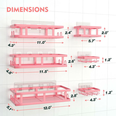 6 Pack Youvip Shower Caddy, Adhesive Shower Shelves with Soap Holder, No Drilling Rustproof Large Capacity pink
