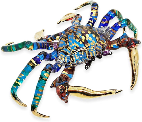 6" WitnyStore Small Long Blue Red Gold Dotted Crab Figurine - Miniature Hand Blown Painted Glass Crabs Crustacean