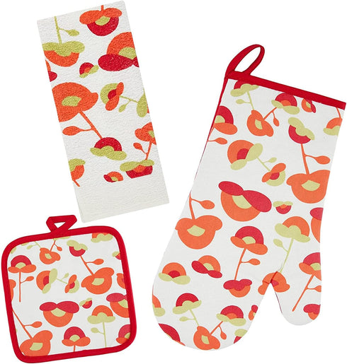 Oven Mitts and Potholders Set, 100% Cotton, Durable Heat Resistant for Kitchen, Machine Washable (3-Piece Red Flower)
