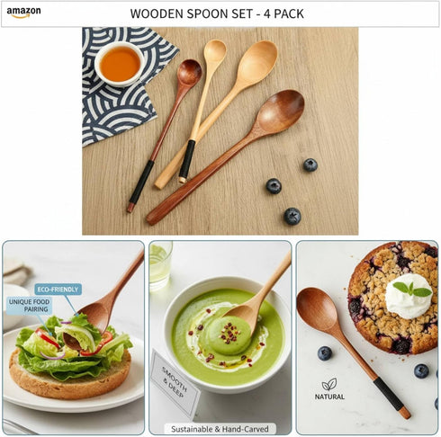 4 Set, 4 Pcs Wood Spoon Pcs Long Wooden Mixing Spoons,Wood Honey Spoons, Natural Wooden Spoons for Eating, Oatmeal