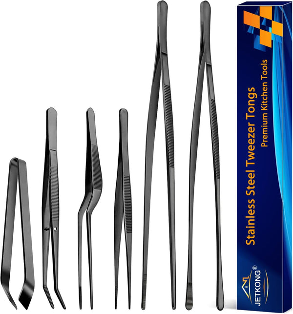 JETKONG 6 Pcs Cooking Tweezer Tongs, 12'' and 6.3" Stainless Steel Set for Cooking, BBQ, Seafood