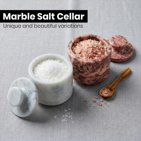 3.5 oz Counter Marble Salt Cellar with Lid, Capacity, Kitchen Storage Container (White Strawberry Pink)