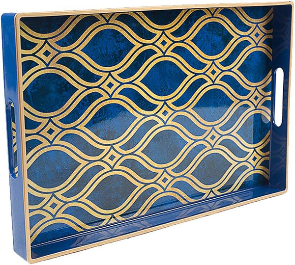 MAONAME Blue Decorative Tray with Handles, Plastic Serving Tray for Coffee Table,