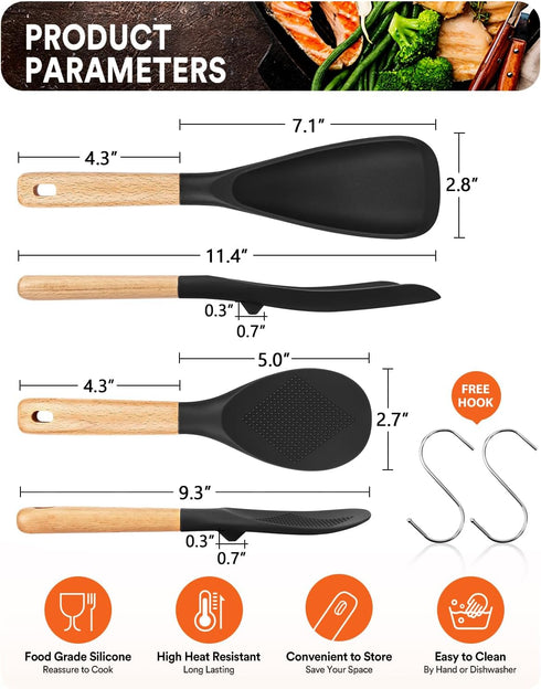 Cooking Spoon and Rice Scooper for Nonstick Cookwares, Great for Cooking and Serving Durable BPA-Free Matte Silicone, Wood Handle Spoon for Mixing, Scoop, and Scrape (Black)