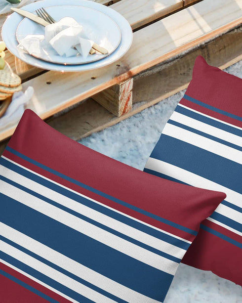 Navy Blue Burgundy Red Color Stripe Art Outdoor Pillow Covers Set of 2,Decorative Waterproof Throw Pillow Case, America Flag Cotton Linen Soft Cozy Cushion Pillowcases by LOVE HOME DAY