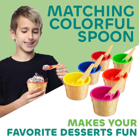 Set (Pack 6) Frozen JoyServe Ice Cream Bowls and Spoons - of Reusable Plastic Ice Cream Cups and Waffle Cone Shaped