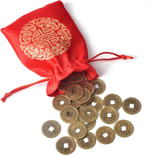 Coopay 240 Pieces Chinese Coins for New Year Feng Shui, Good Luck Fortune I-Ching Ornament with Red Pouch