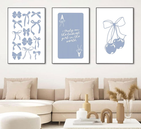 Preppy Blue Bows Canvas Wall Art | Trendy College Apartment Prints, Lucky Girl Syndrome Posters, Aesthetic Girly Wall